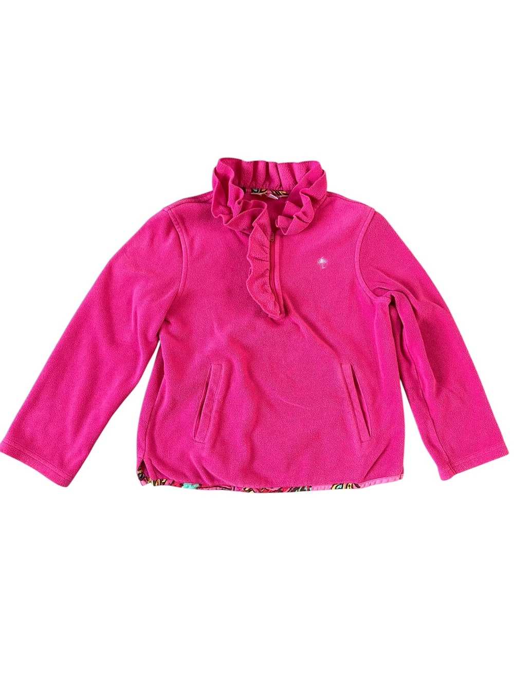 Lilly Pulitzer Girls Ruffle Fleece Quarter Zip Pullover Pink Palm Tree Size 7 M